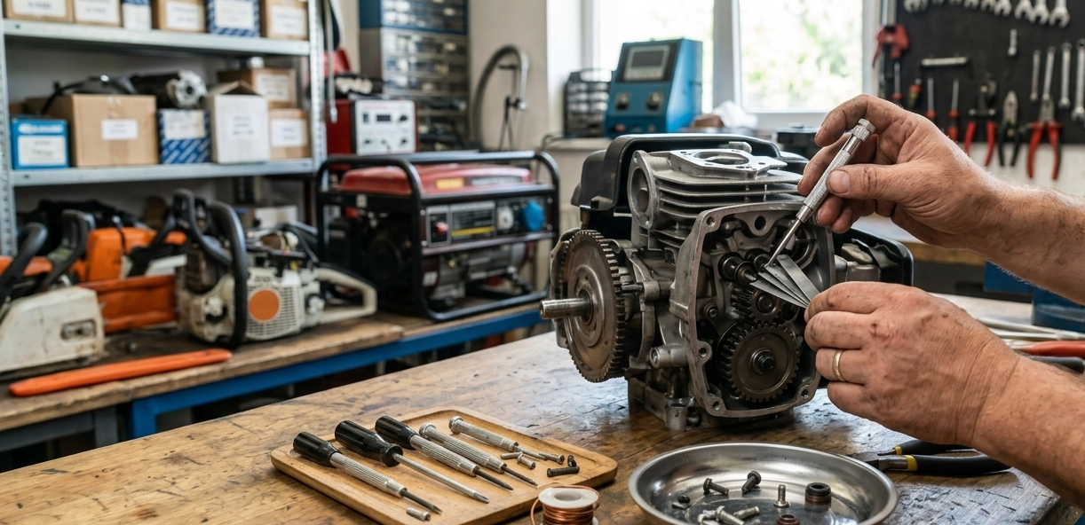 small engine repair richmond va cwrepairs 424 working staff member from a company offering small engine repair in richmond va, Charlottesville va and hanover va. The small engine repair mechanic is working on a John Deere lawn mower.